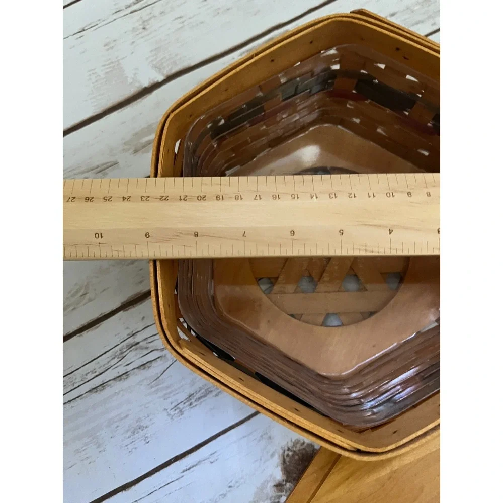 VTG Longaberger Basket Hexagon Natural Wood Lid Liner Blue Red 9in 2001
